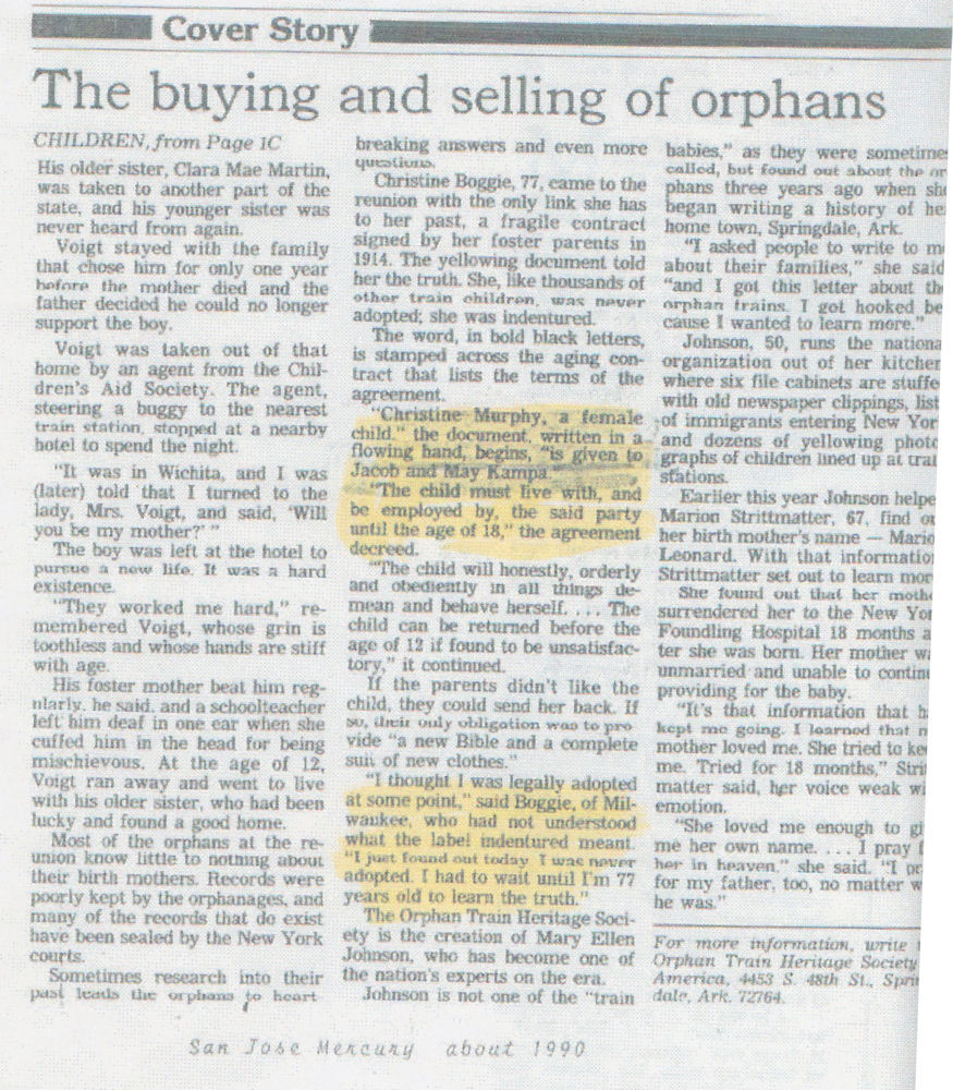 Second page of San Jose Mercury newspaper article entitled 'Orphan Trains': how children were railroaded into servitude