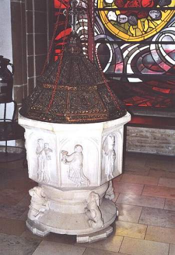 Baptismal font in St. Fabian and Sebastian Church, Osterwick, Germany.