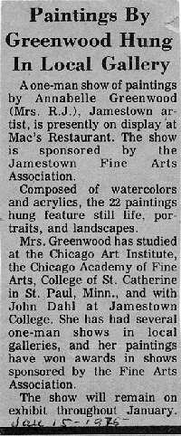 'Paintings By Greenwood Hung In Local Gallery, Jan. 15, 1975.'