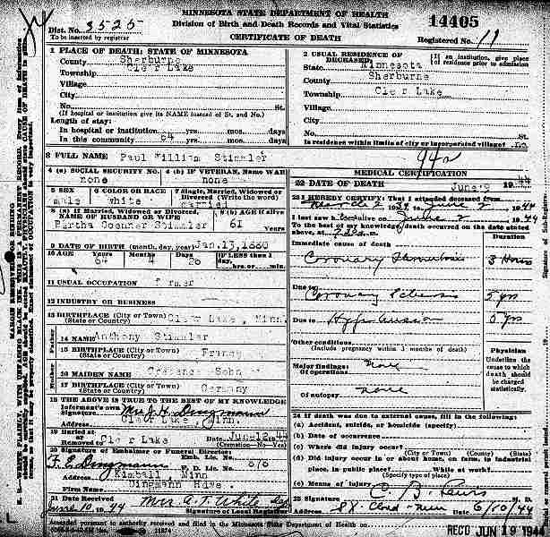 Certificate of Death for Paul William Stimmler.