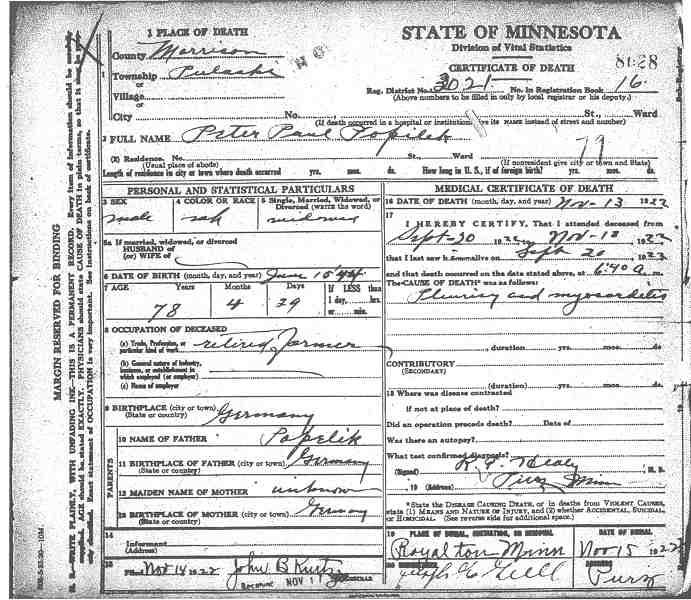 Certificate of Death for Peter Paul Popilek.