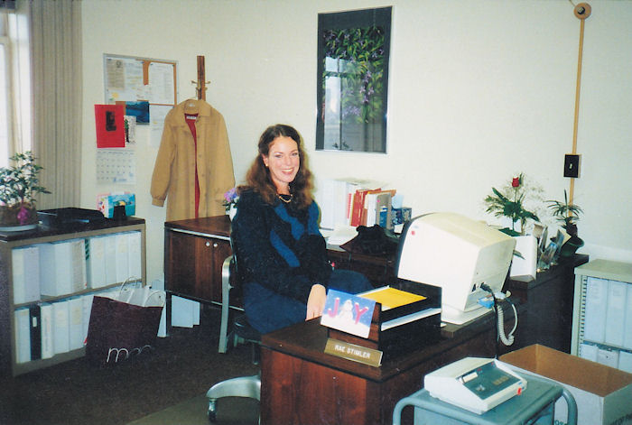 Rae at her job of Legal Secretary on the 16th floor of Pacific Bell, late 1980s