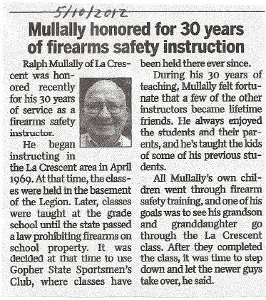 Mullally honored for 30 years of firearms safety instruction, 10 May 2012