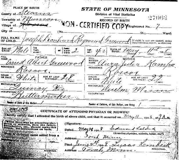 Birth Certificate of Raymond Greenwood.