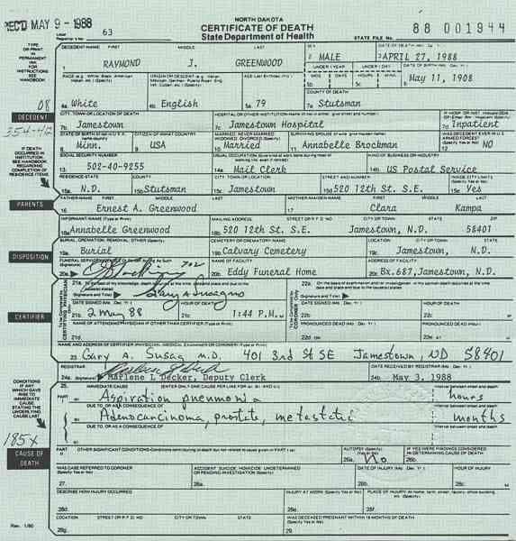 Certificate of Death for Raymond J. Greenwood.