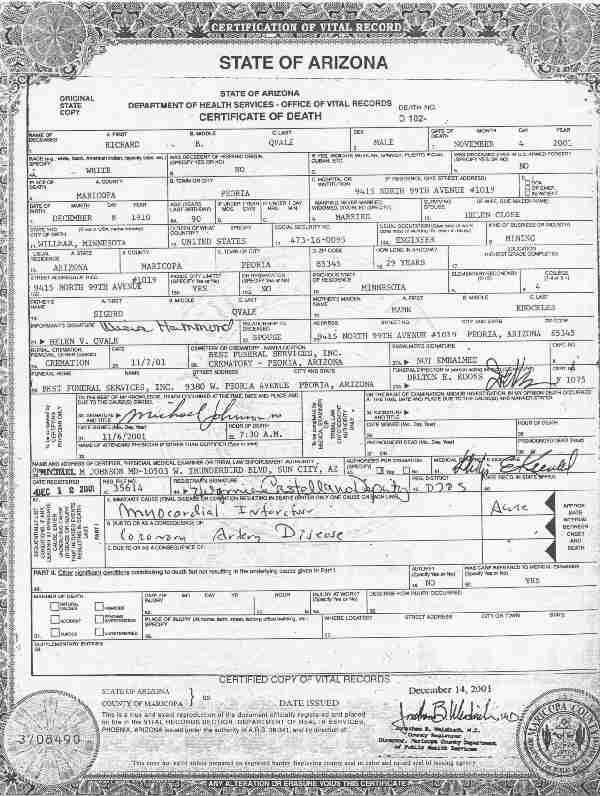 Certificate of Death of Richard B. Qvale