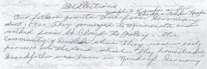 Front of one-page note by Frances Windhurst (n&eacute;e Kampa) entitled, 'Recollections.'