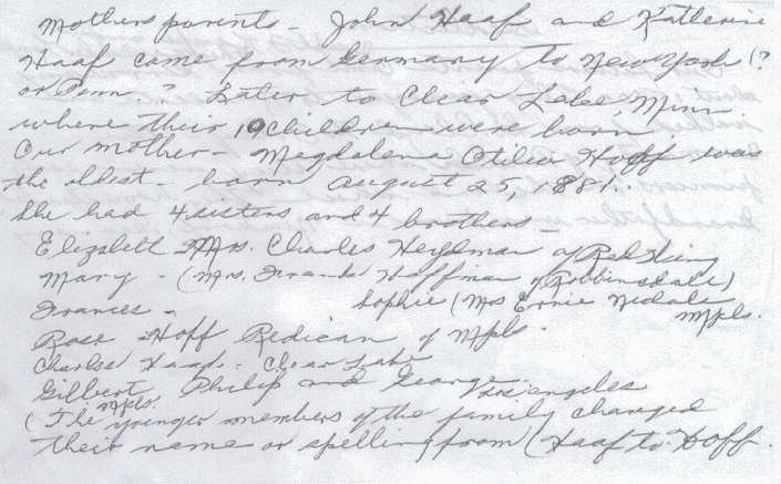 Back of one-page note by Frances Windhurst (n&eacute;e Kampa) entitled, 'Recollections.'