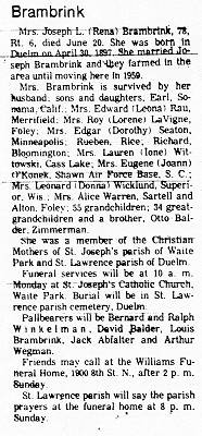 Obituary of Mrs. Joseph Brambrink, St. Cloud Daily Times, June 21, 1975, p. 11.