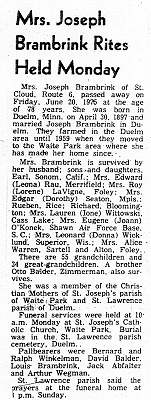 Obituary of Mrs. Joseph Brambrink, Benton County News, June 25, 1975.