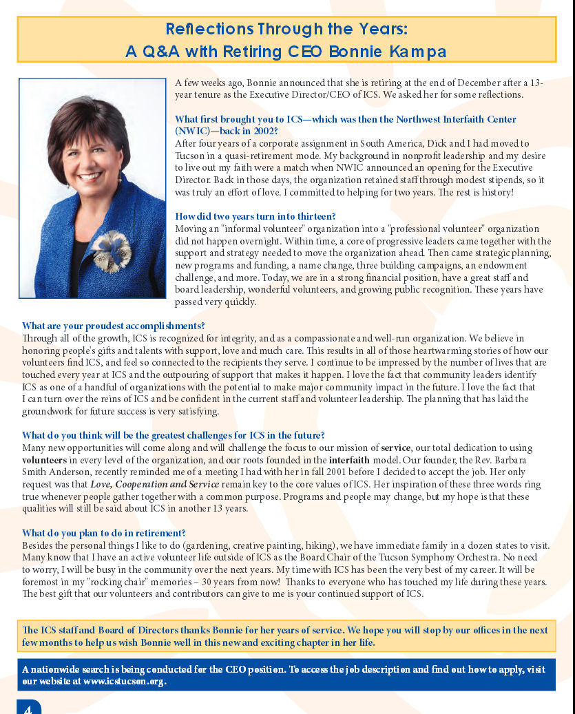 Reflections Through the Years:  A Q&A with Retiring CEO Bonnie Kampa