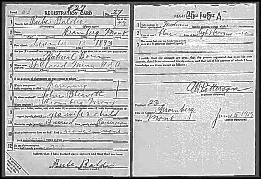 WWI Draft Registration Card of Reuben Balder, dated June 5, 1917.