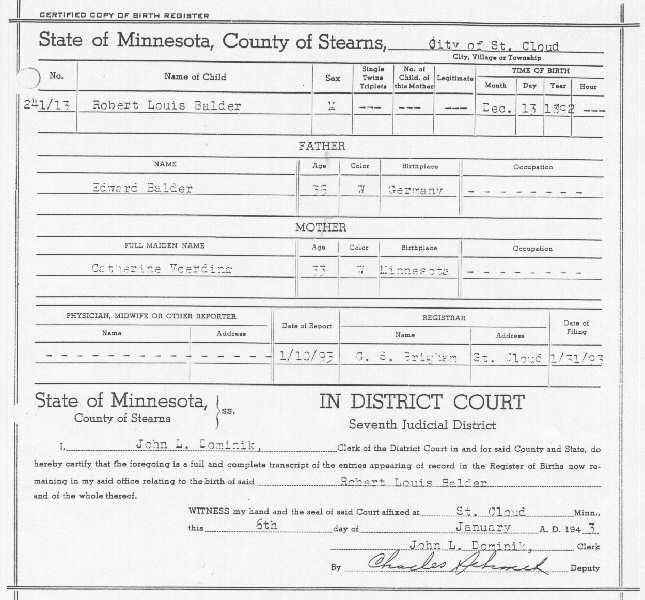 Register of Birth Record for Robert Louis Balder (Reuben Leo Balder).