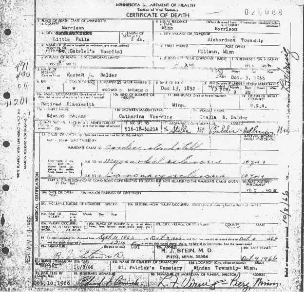 Certificate of Death for Reuben L. Balder