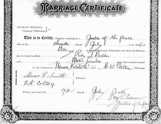 Marriage Certificate of Reuben L. and Mabel Balder (née Larabee).