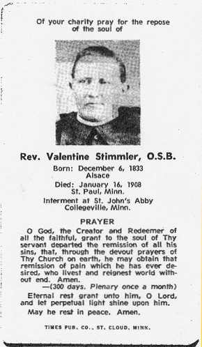 Rev. Valentine Stimmler Prayer Card.