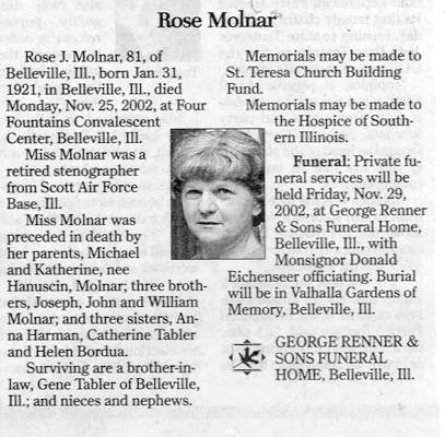 Obituary of Rose J. Molnar.