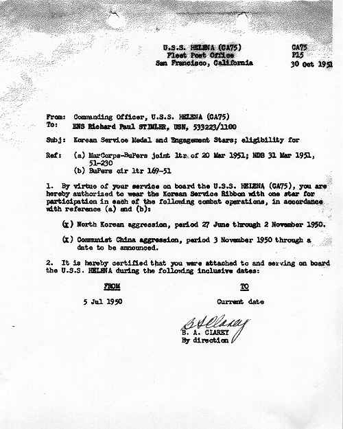 Letter from Commanding Officer, U.S.S. Helena (CA 75) to ENS Richard P. Stimler regarding eligibility for Korean Service Medal and Engagement Stars.