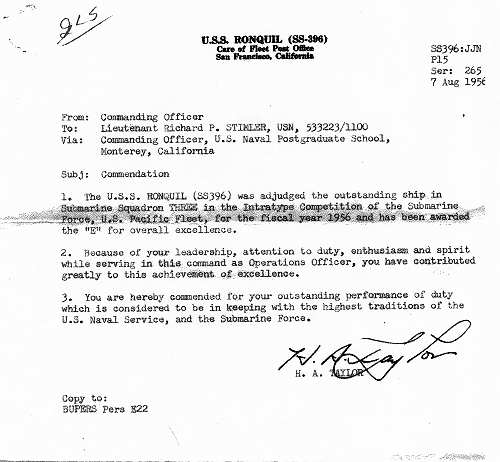 Letter from Commanding Officer, U.S.S. Ronquil (SS-396) to LT Richard P. Stimler regarding Commendation.