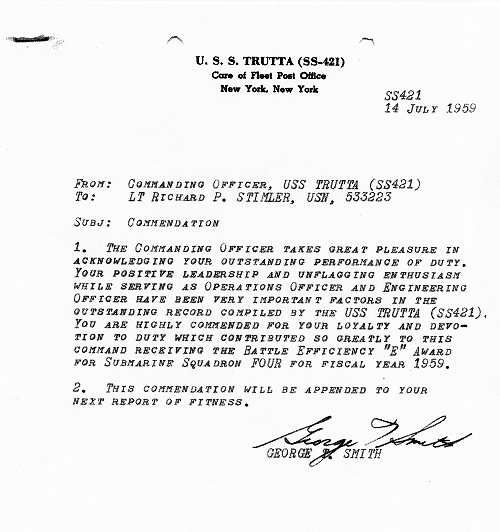 Letter from Commanding Officer, U.S.S. Trutta (SS-421) regarding Commendation.