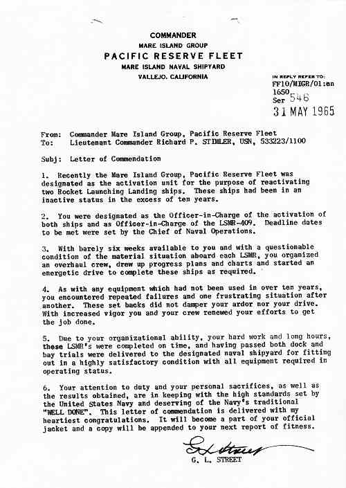 Commendation from Commander, Mare Island Group, Pacific Reserve Fleet.