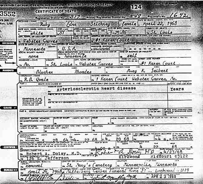 Certificate of Death for Ruby 