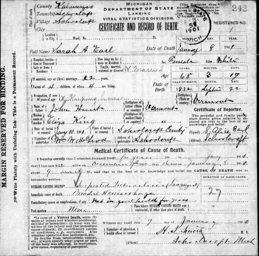 Death certificate of Sarah A. Earl