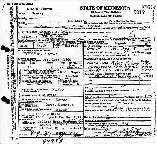 Certificate of Death for Sigurdt B. Qvale.