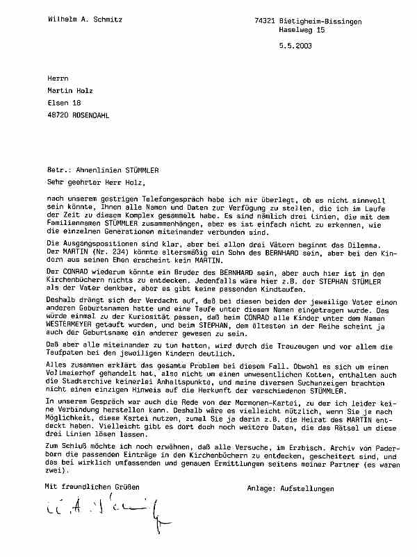 Letter from W. A. Schmitz to Martin Holz dated May 5, 2003 regarding ancestor lineages for St&uuml;mmler surname.