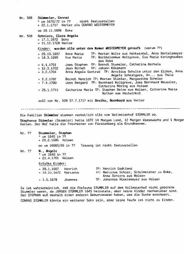 Fourth page of letter from W. A. Schmitz to Martin Holz dated May 5, 2003 regarding ancestor lineages for St&uuml;mmler surname.