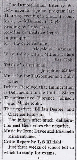 School Notes re: Aloysious Dingmann, The Clear Lake Times, 8 May 1919, p. 4, col. 2