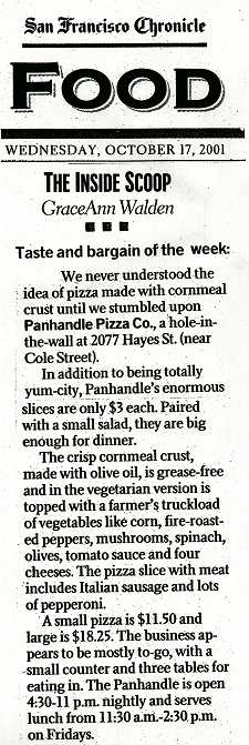 San Francisco Chronicle's review of Panhandle Pizza, 'The Inside Scoop' by GraceAnn Walden, October 17, 2001.