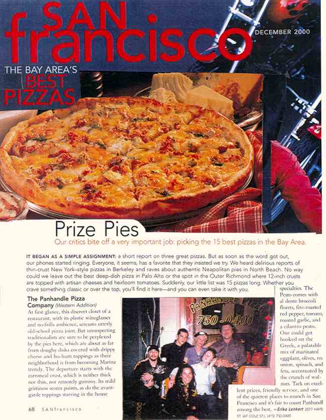 San Francisco Magazine's review of the Bay Area's Best Pizzas, 'Prize Pies,' December, 2000