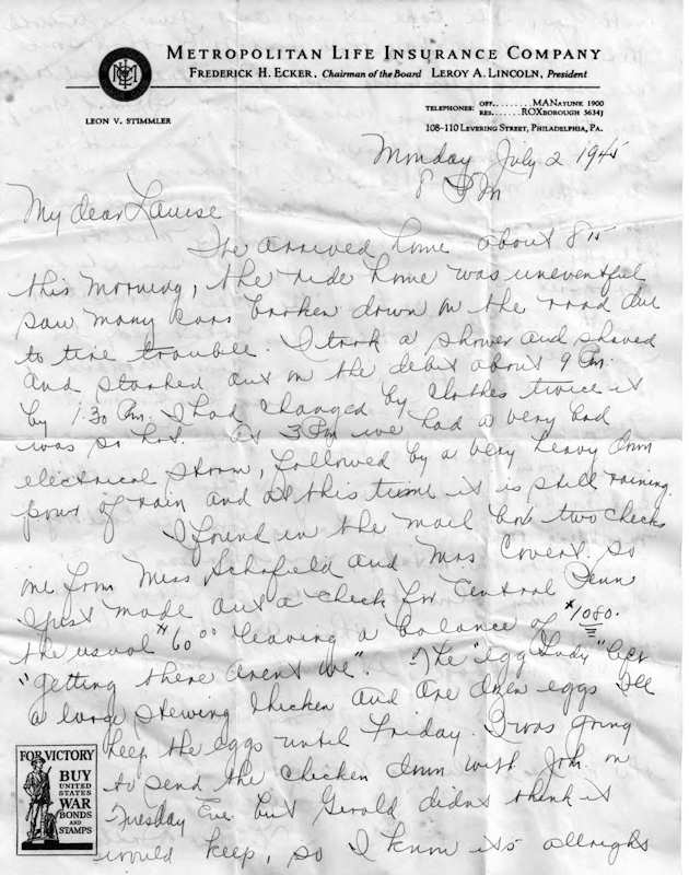 First page of letter from Leon Stimmler to Louise Viola Stimmler dated July 2, 1945