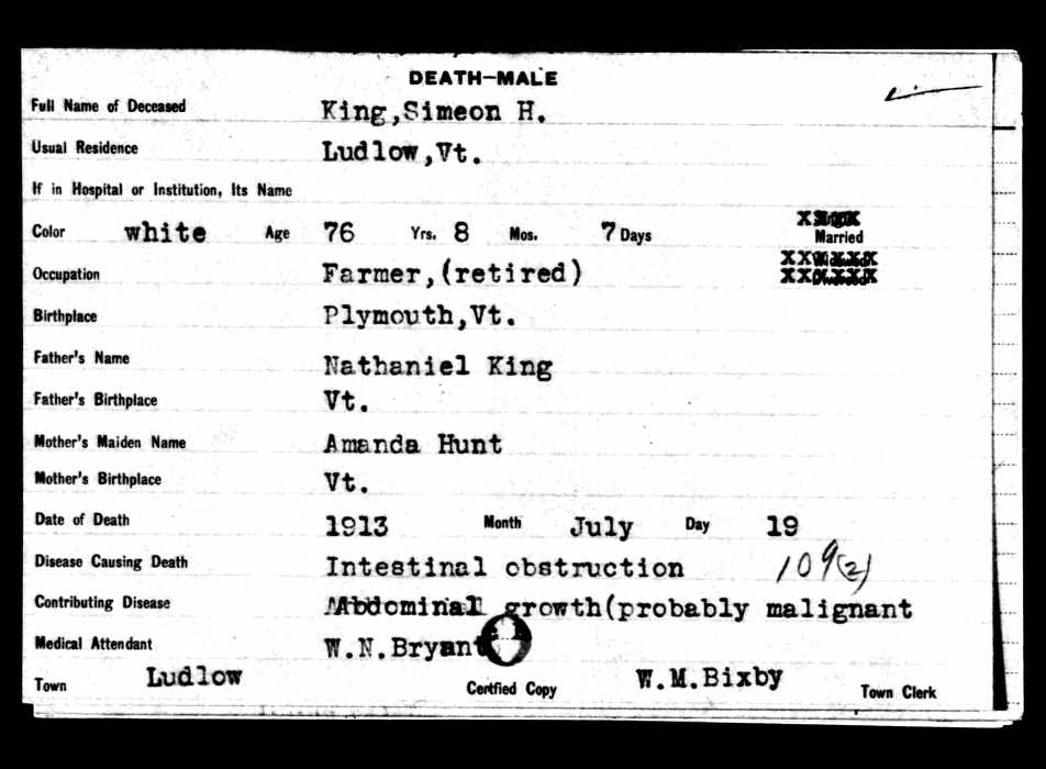 Simeon Hunt King Vermont death certificate