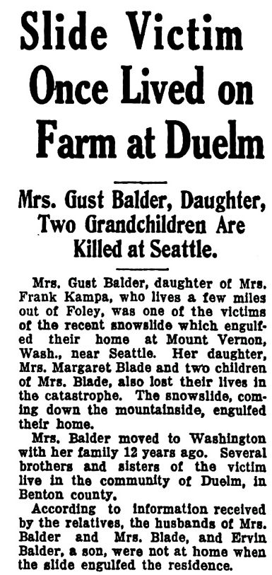 Slide Victim Once Lived on Farm in Duelm, The Daily Journal-Press, St.&nbsp;Cloud, Minnesota, Mar.&nbsp;5, 1932, Fri, section 2, page 9, column 4
