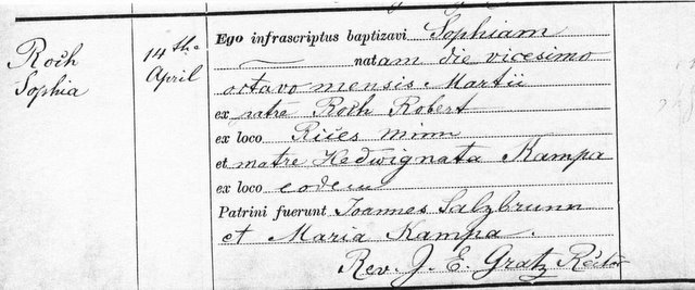Baptism record of Sophia Roche