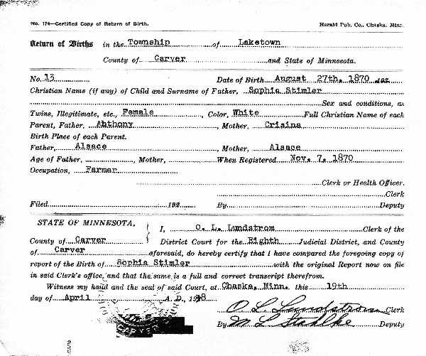 Birth Certificate of Sophia Stimmler