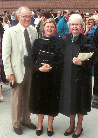 Clarence, Marsha and Esther Sovada at North Dakota State University, 1993, when Marsha received her PhD.