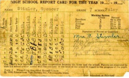 Spencer Stimler's 7th Grade Report Card, 1935-1936.