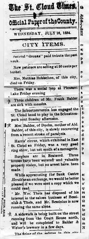 St. Cloud Times Newspaper Clipping, 'City Items,' July 16, 1884.