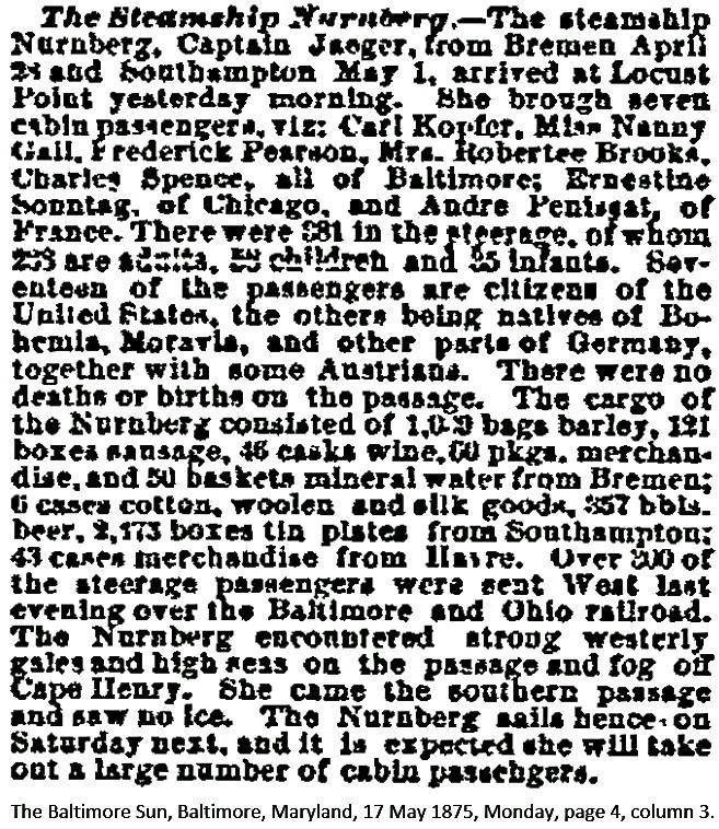 Steamship Nuremberg article, The Baltimore Sun, 17 May 1875, Monday, page 4, column 3