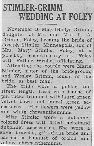 Stimler-Grimm Wedding at Foley, The Foley Independent, Nov. 17, 1938