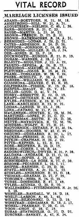 Los Angeles, CA newspaper, Feb. 1951 Vital Records - Marriage Licenses Issued