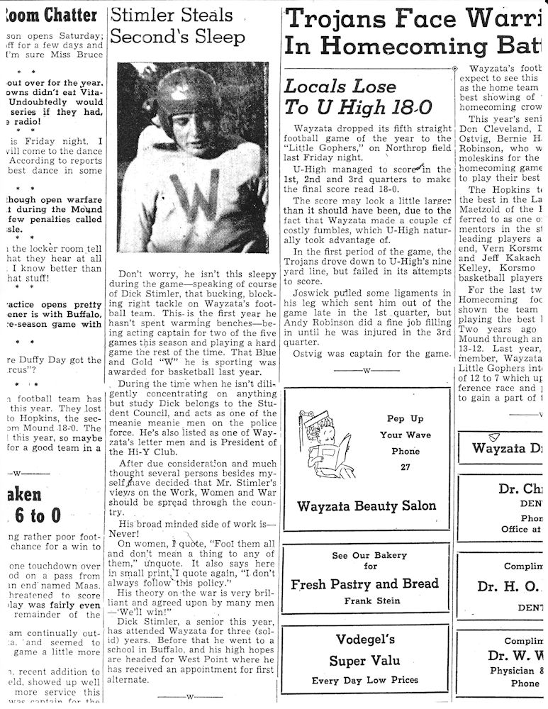 Stimler Steals Second's Sleep, Wayzata newspaper, 1945