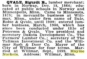 Excerpt from The Book of Minnesotans (1907) about Sigurdt B. Qvale