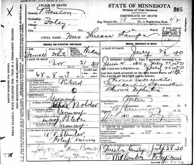 Certificate of Death for Mrs. Theresa Kampa.
