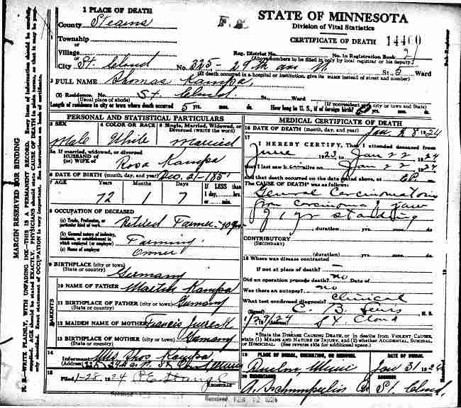 Certificate of Death for Thomas J. Kampa, Sr.