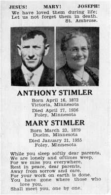 Anthony Valentine and Mary Theresa Stimler (n&eacute;e Kampa) Prayer Card.