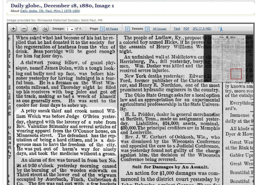 Daily Globe (St. Paul, MN) paragraph about theft of robe from Father Valentine, dated December 18, 1880